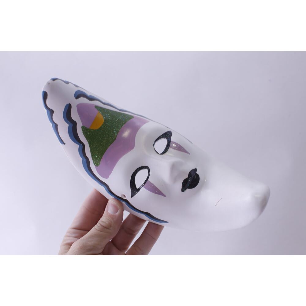 White Moon Shape Mask, 8 inches, Hand Painted, Decorative, Vintage, Collectible